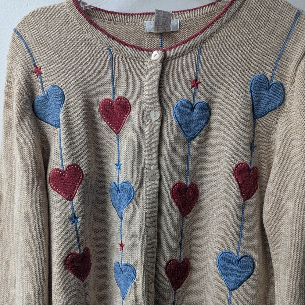 Vtg Cardigan Tan Heart Embroidered Button Front Sz M Grandmacore Valentines Day - Picture 2 of 7